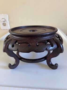 Vintage Chinese Carved Wood Round Display Stand Top Inside Rim 5.5" W
